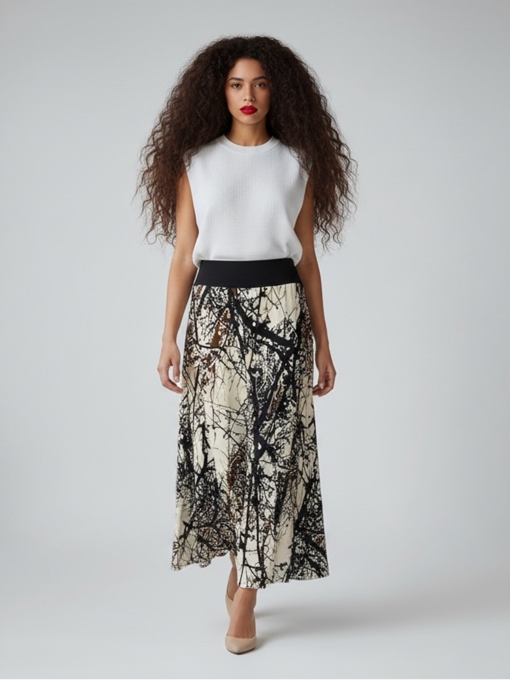 Trisisto Abstract Tree Branch Maxi Stretchy Black Cream Skirt Size XL